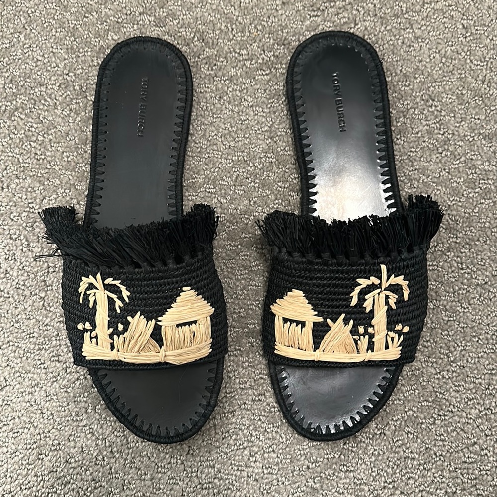 NWT Never Worn Tory Burch Raffia leather sole slides